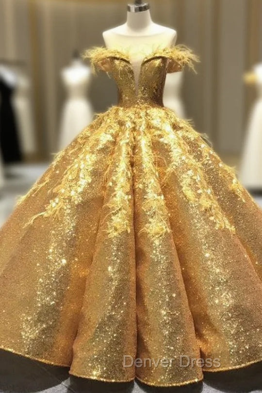Gold Ball Gowns Sequins Appliques See Through V Neck Prom Dresses With Feather