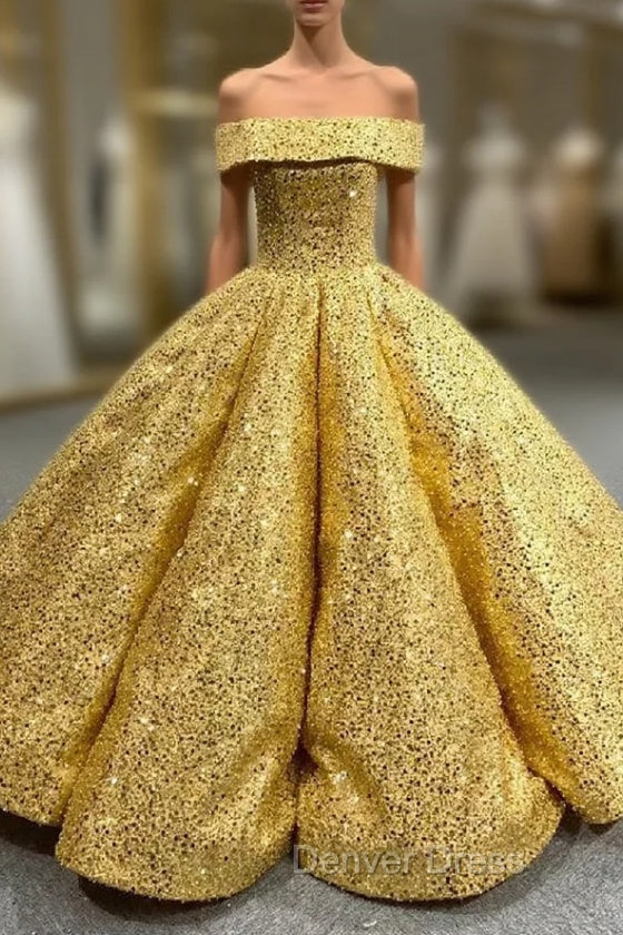 Gold Ball Gown Sequins Cap Sleeve Prom Dresses