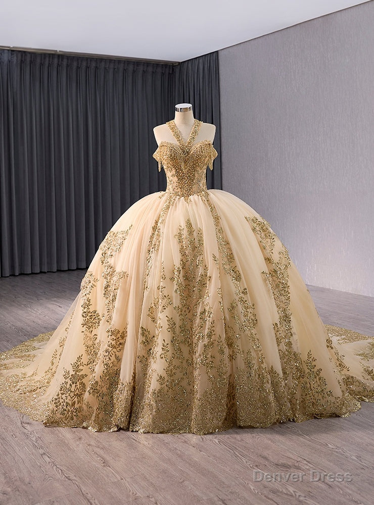 Gold Ball Gowns Sequins Halter Pearls Prom Dresses