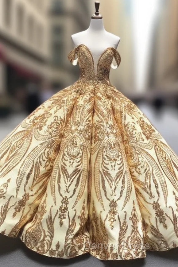 Gold Ball Gowns Sequins Off the Shoulder Luxury Prom Dresses