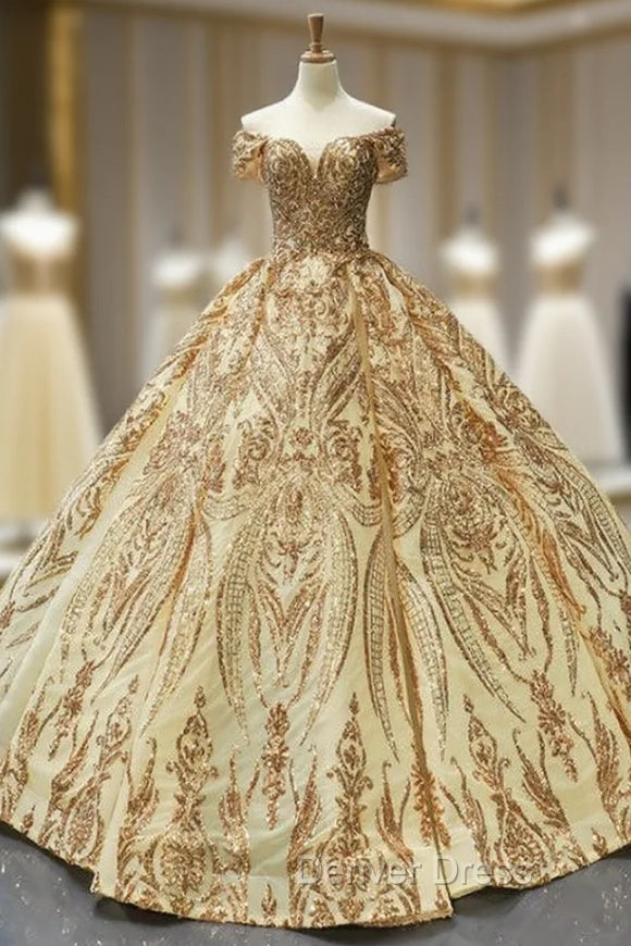 Gold Ball Gowns Sequins Off the Shoulder Quinceanera Dresses