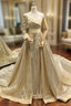 Gold Ball Gowns Sequins One Shoulder Long Sleeve Appliques Prom Dresses