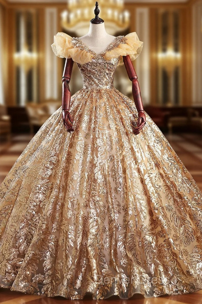 Gold Ball Gowns Sequins Scoop Neck Quinceanera Dresses