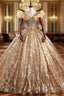Gold Ball Gowns Sequins Scoop Neck Quinceanera Dresses