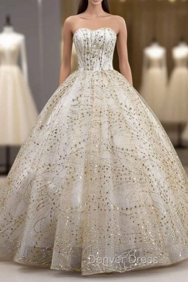 Gold Ball Gowns Sequins Tulle Sweetheart Quinceanera Dresses