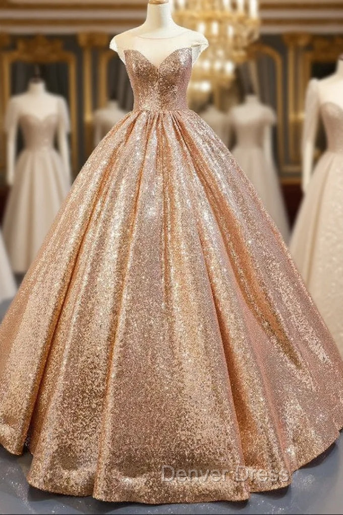Gold Ball Gowns Seuqins Cap Sleeve Long Floor Length Prom Dresses