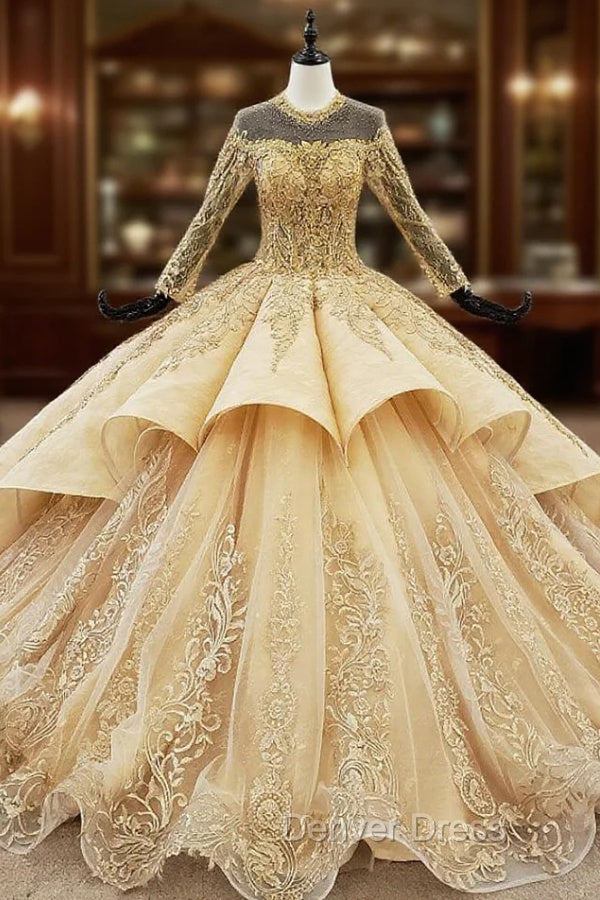 Gold Ball Gown Tulle Long Sleeve Appliques Backless Wedding Dresses