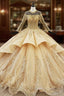 Gold Ball Gown Tulle Long Sleeve Appliques Backless Wedding Dresses