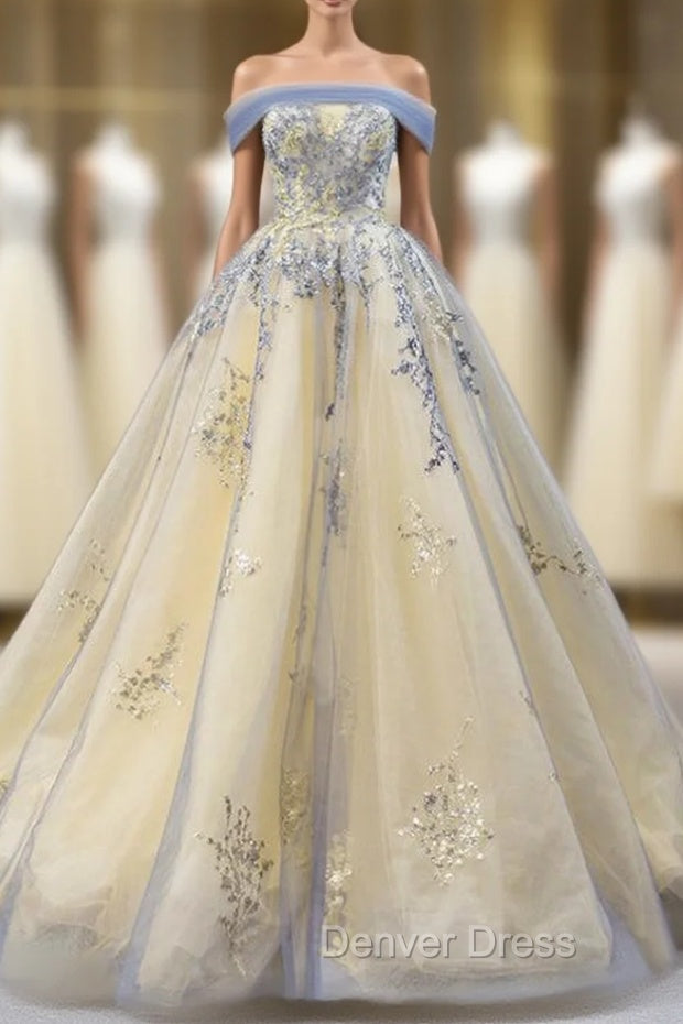 Gold Ball Gowns Tulle Off the Shoulder Sequins Prom Dresses