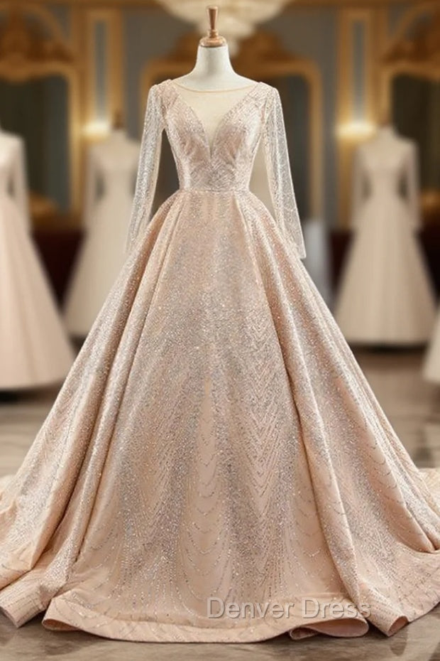 Gold Ball Gowns Tulle Sequins Long Sleeve Backless Prom Dresses