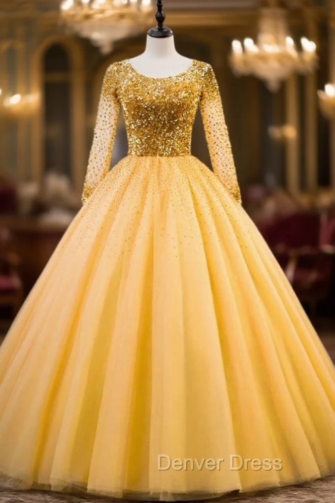 Gold Ball Gowns Tulle Sequins Long Sleeve Backless Quinceanera Dresses