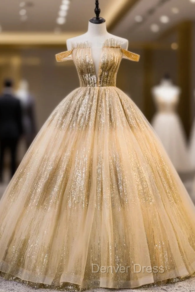 Gold Ball Gowns Tulle Sequins Off the Shoulder Pleats Quinceanera Dresses