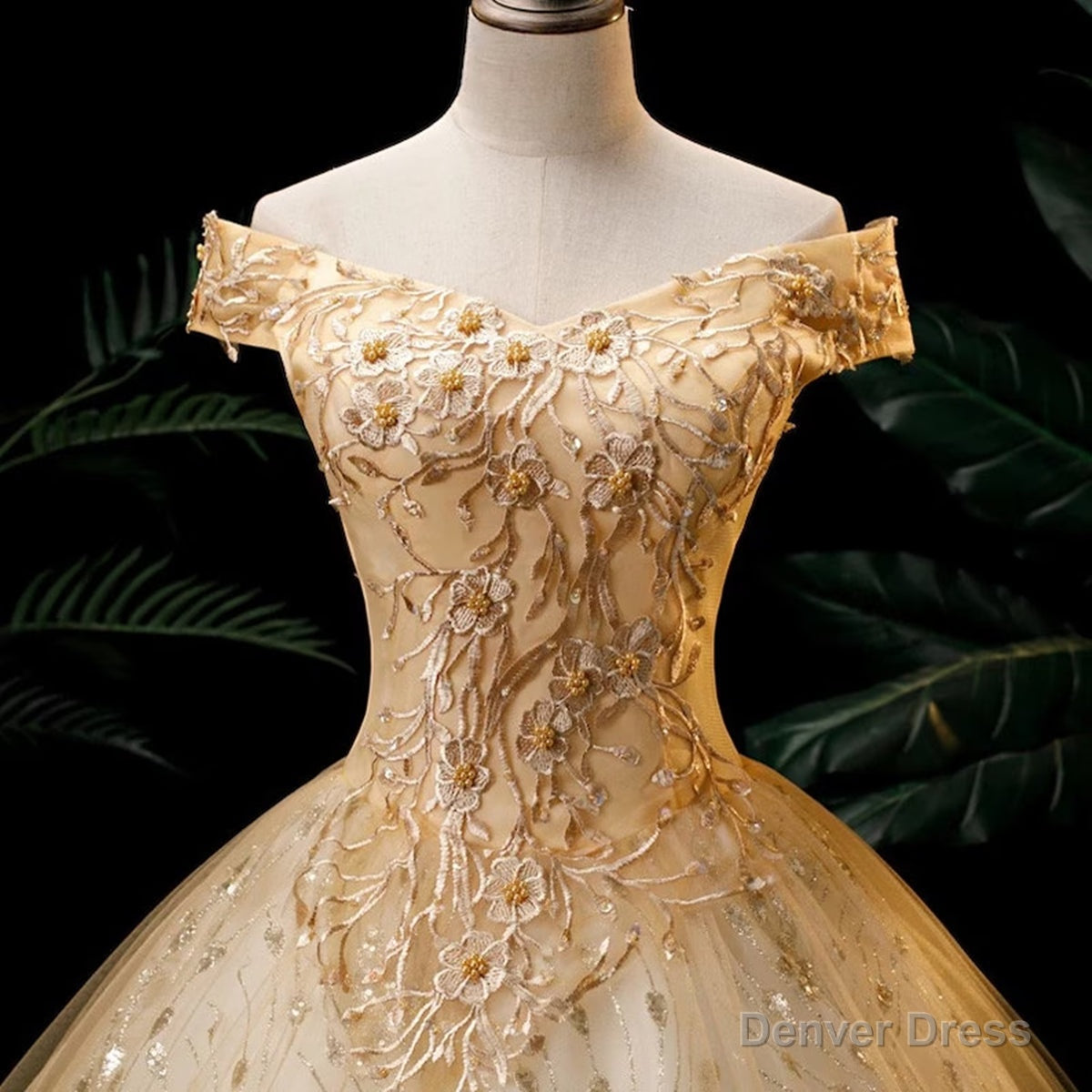 Gold Ball Gown Tulle with Lace Applique Formal Dress, Gold Sweet 16 Dress Secondary image