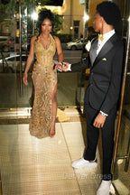 Gold Beaded Halter Mermaid High Split Floor length Prom Dresses