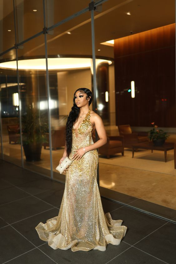 Gold Beaded Sequin Mermaid Prom Dress