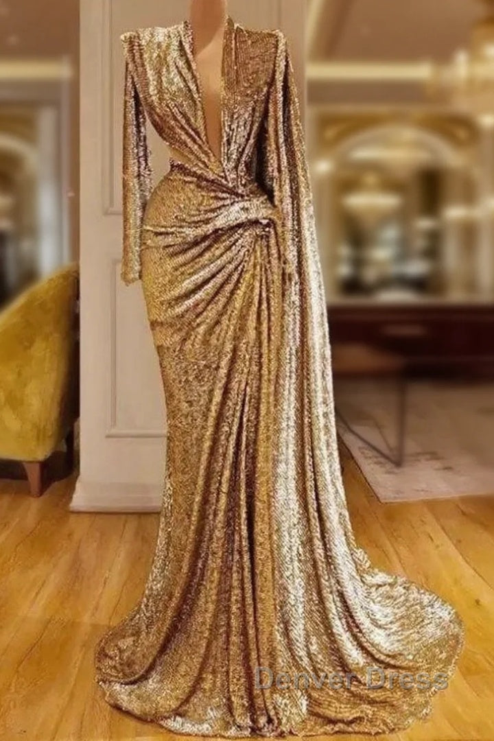 Gold Evening Dresses A-Line V-Neck Long Sleeves Sequins Long Turkey Dubai Saudi Arabic Evening Gown Prom Dresses Main image