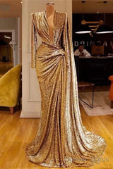 Gold Evening Dresses A-Line V-Neck Long Sleeves Sequins Long Turkey Dubai Saudi Arabic Evening Gown Prom Dresses