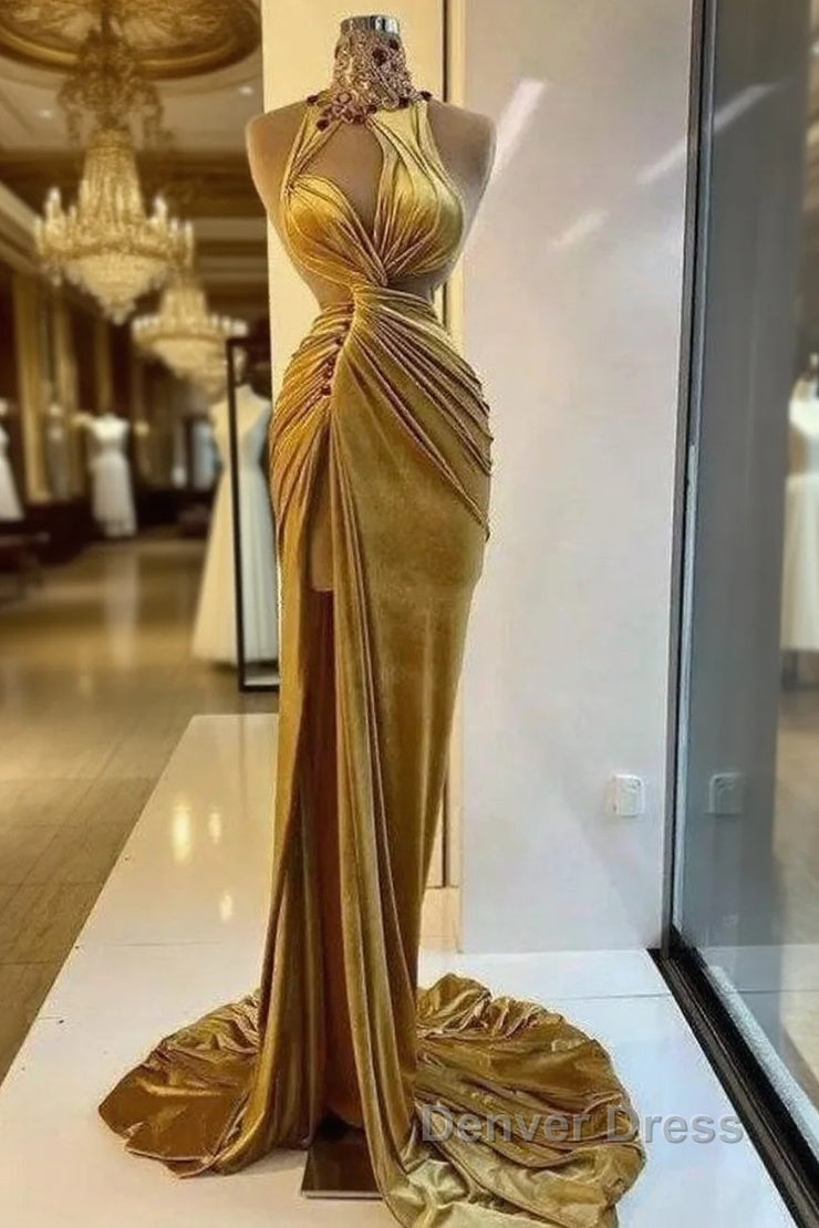 Gold Evening Dresses Sheath High Collar Velvet Beaded Slit Long Turkey Dubai Saudi Arabic Evening Gown Prom Dresses