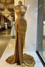 Gold Evening Dresses Sheath High Collar Velvet Beaded Slit Long Turkey Dubai Saudi Arabic Evening Gown Prom Dresses