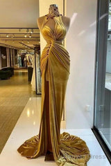 Gold Evening Dresses Sheath High Collar Velvet Beaded Slit Long Turkey Dubai Saudi Arabic Evening Gown Prom Dresses