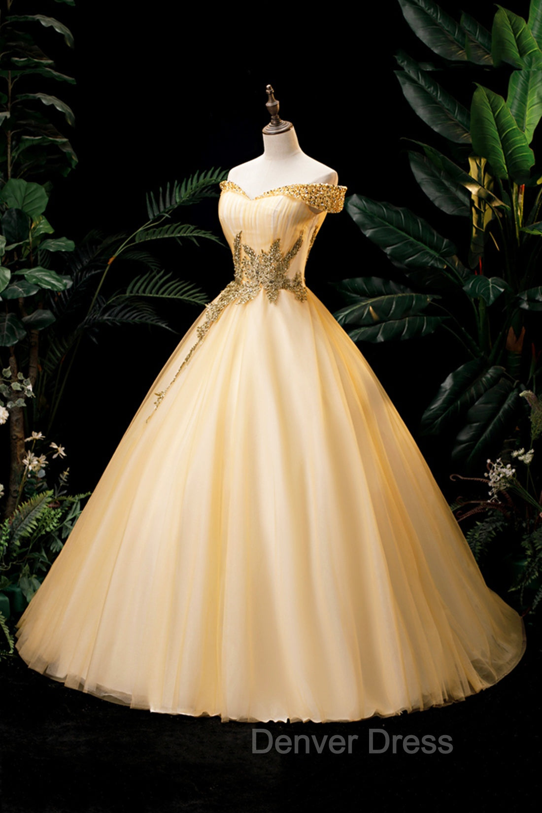 Gold Floor Length Tulle Beading Formal Dresses, Lovely Off the Shoulder Evening Party Dresses