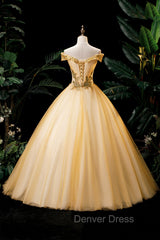 Gold Floor Length Tulle Beading Formal Dresses, Lovely Off the Shoulder Evening Party Dresses