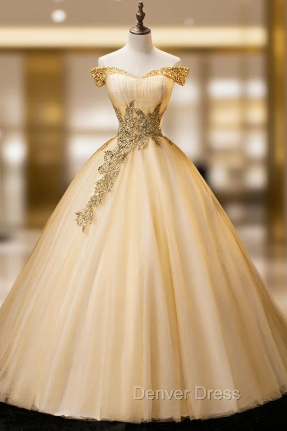 Gold Floor Length Tulle Beading Prom Dress, Lovely Off the Shoulder Prom Dresses Main image