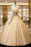 Gold Floor Length Tulle Beading Prom Dress, Lovely Off the Shoulder Prom Dresses