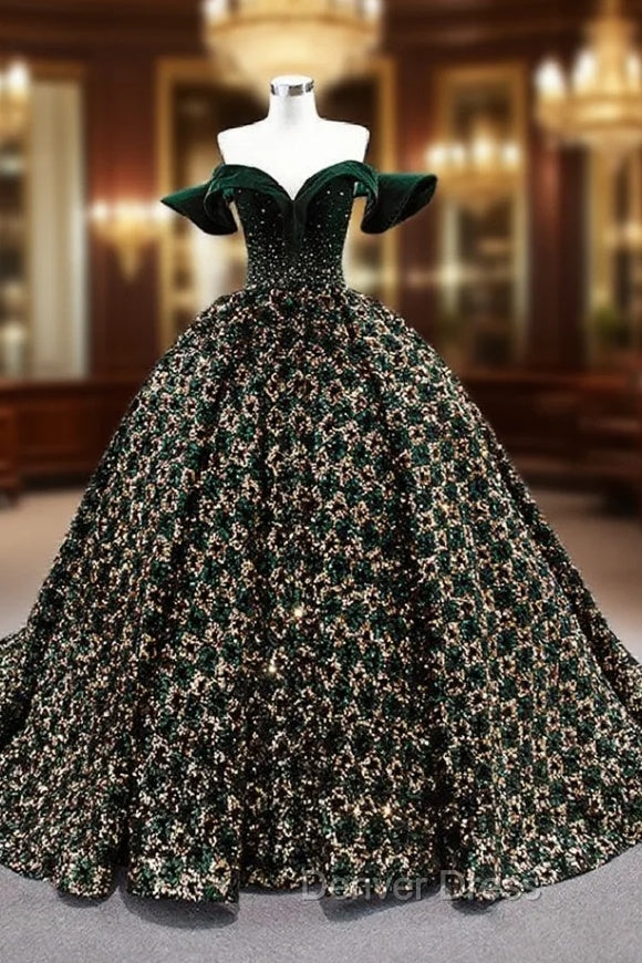 Gold Green Ball Gown Sequins Off the Shoulder Prom Dresses