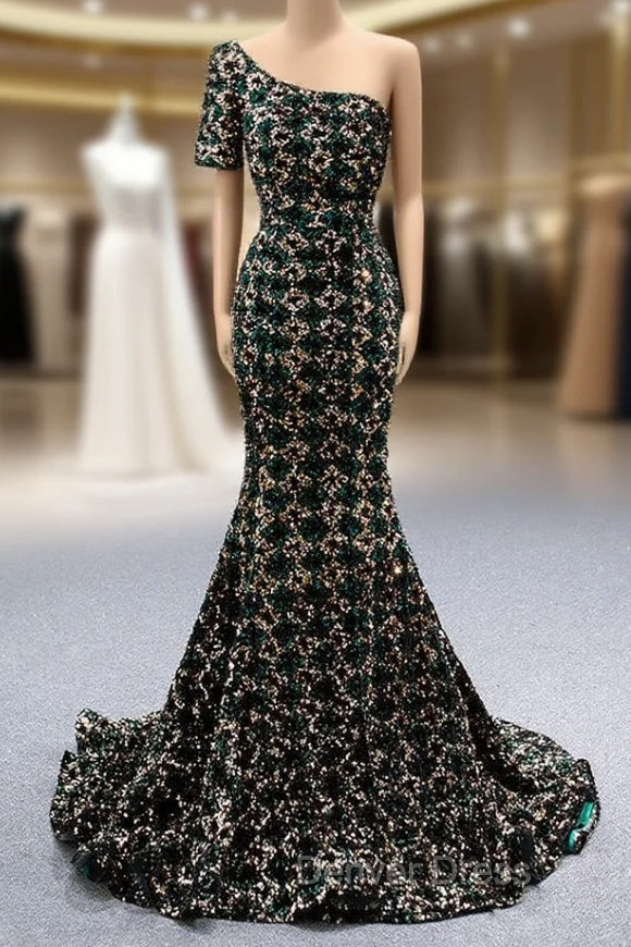 Gold Green Mermaid Sequins One Shoulder Prom Dresses Main image