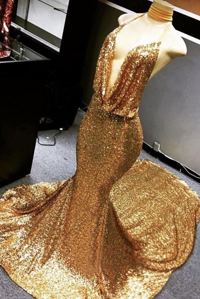 Gold Halter V-Neck Mermaid Charming Sequined Deep Flow Neck Prom Party Gowns Secondary image