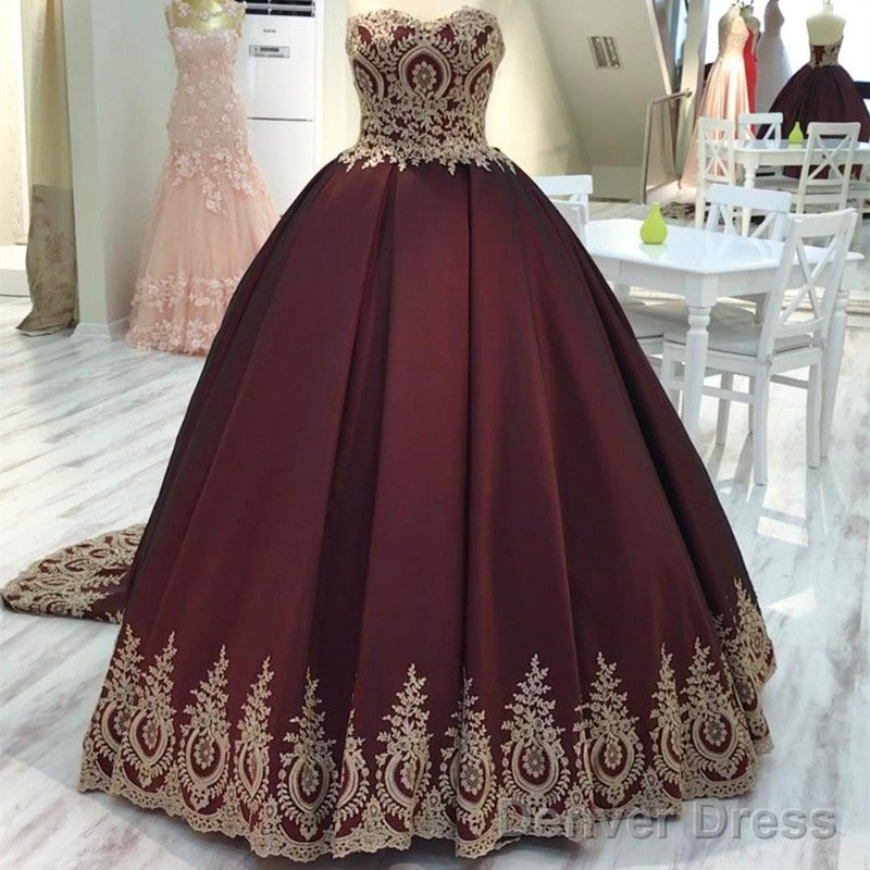 Gold Lace Edge Sweetheart Wine Red Ball Gowns Secondary image