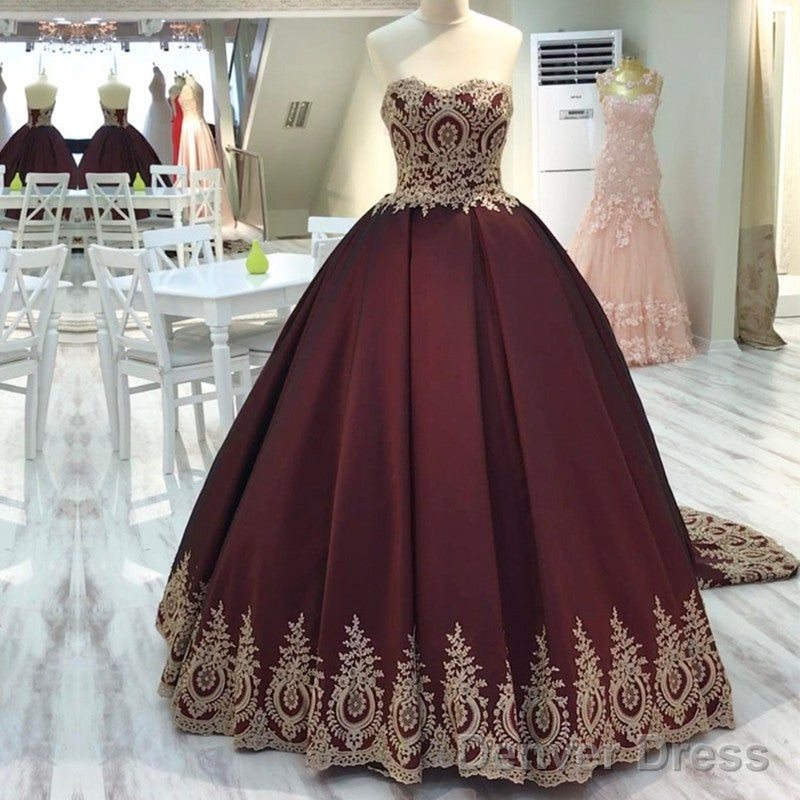 Gold Lace Edge Sweetheart Wine Red Ball Gowns Main image