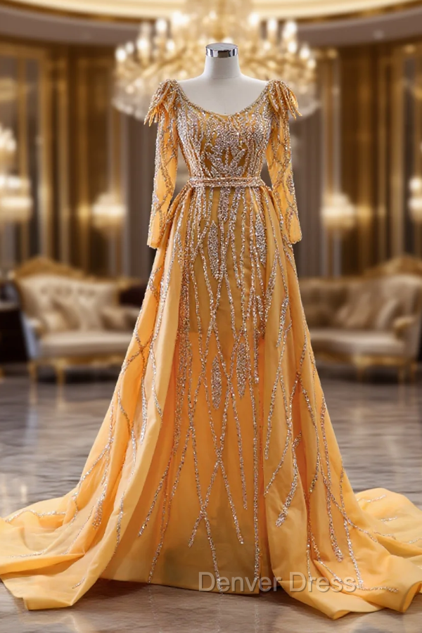 Gold Long Sleeve Beading Prom Dresses With Detachable Train