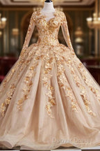 Gold Long Sleeves Wedding Dresses Ball Gowns Lace Embroidery