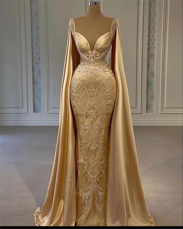 Gold Mermaid Prom Dress With Wrap Beaded Lace Appliqued Prom Dresses Prom Second Reception Gown Plus Size