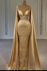 Gold Mermaid Prom Dresses With Wrap Beaded Lace Appliqued Evening Dress Party Second Reception Gowns Plus Size