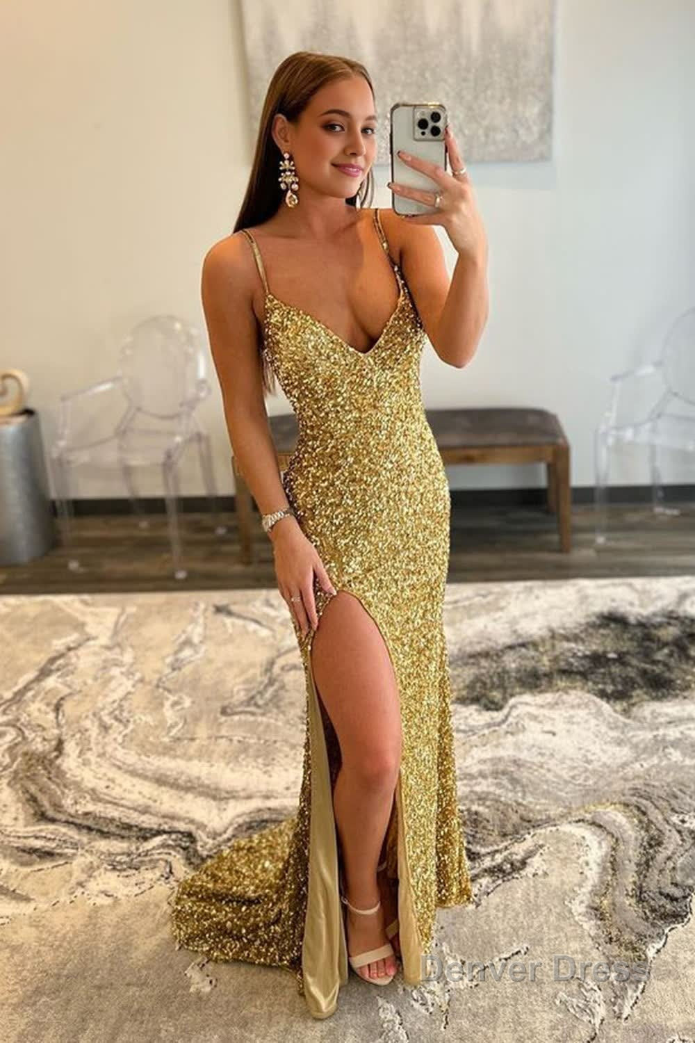 gold mermaid sequin prom dress with slit