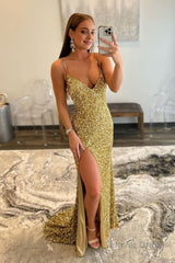 gold mermaid sequin prom dress with slit