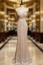 Gold Mermaid Sequins Beading Tassel Cap Sleeve Prom Dresses