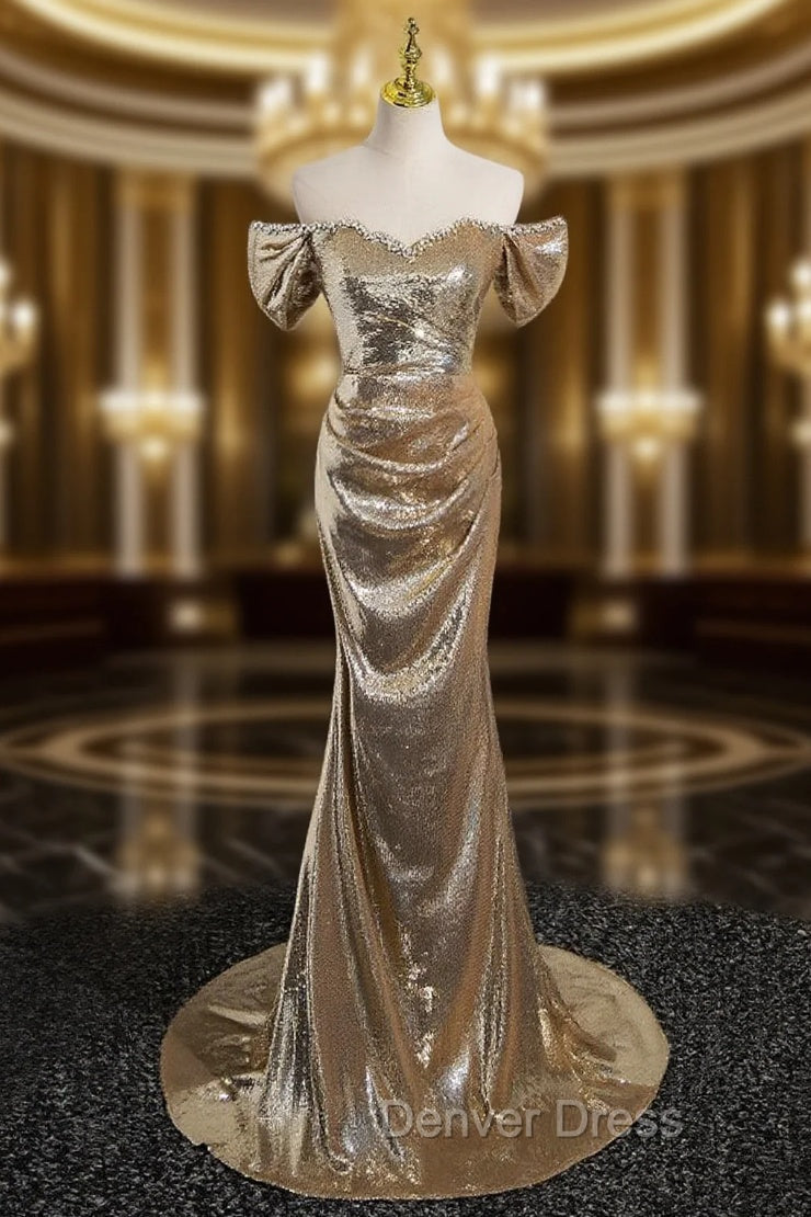 Gold Mermaid Sequins Crystal Prom Dresses