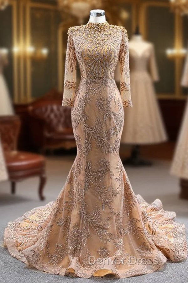 Gold Mermaid Sequins High Neck Pearls Prom Dresses