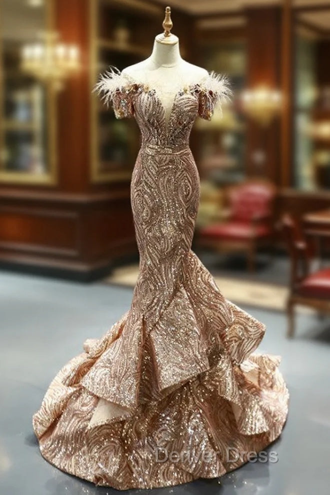 Gold Mermaid Sequins Off The Shoulder Appliques Prom Dresses With Feather