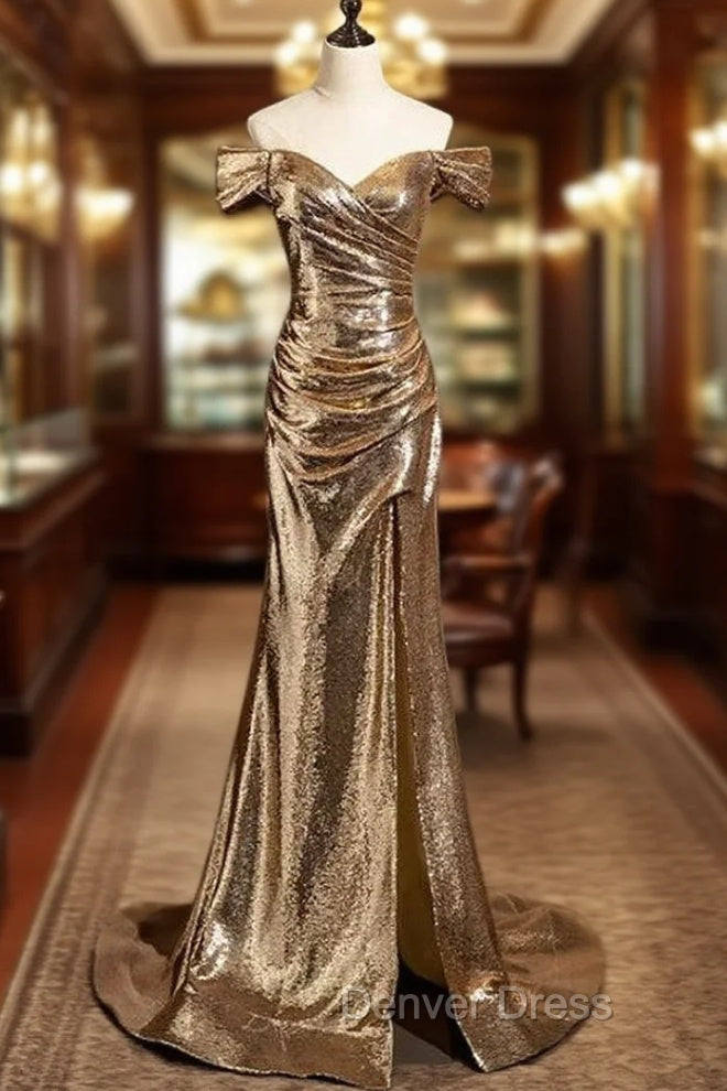 Gold Mermaid Sequins Off the Shoulder Pleats Prom Dresses