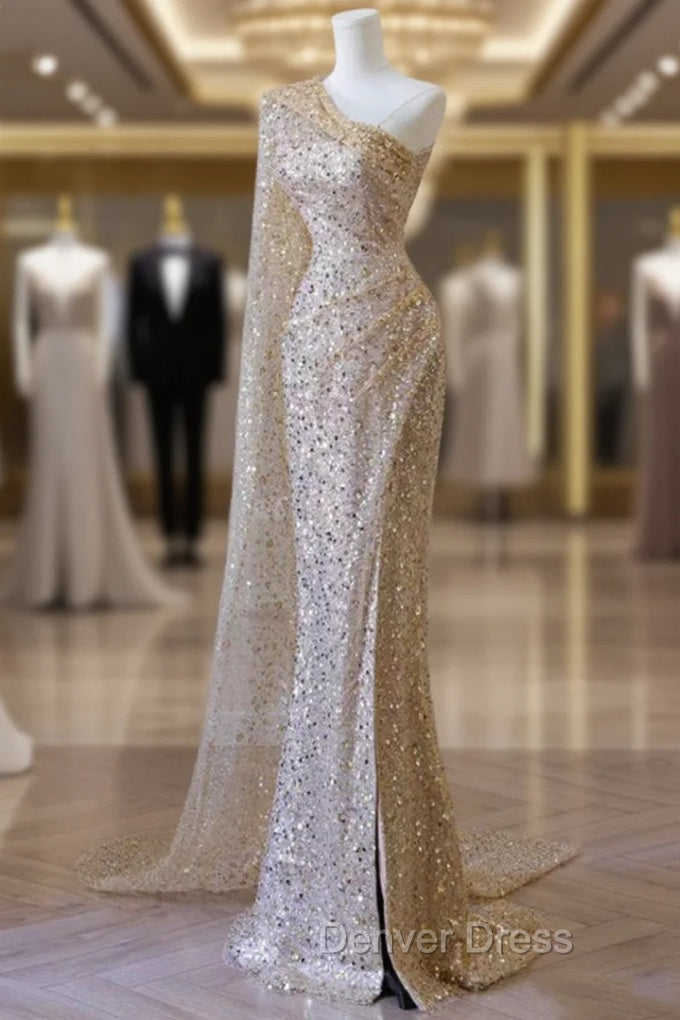 Gold Mermaid Sequins One Shoulder Prom Dresses Main image