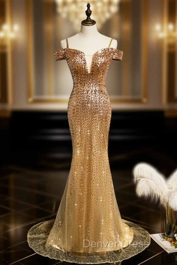 Gold Mermaid Sequins Spaghetti Straps Prom Dresses