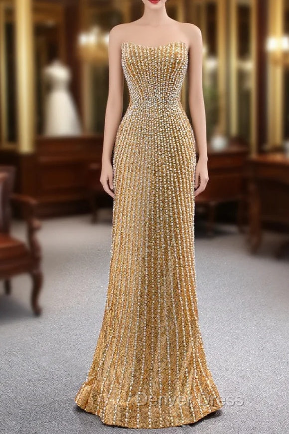 Gold Mermaid Sequins Strapless Pearls Prom Dresses Main image