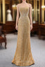 Gold Mermaid Sequins Strapless Pearls Prom Dresses