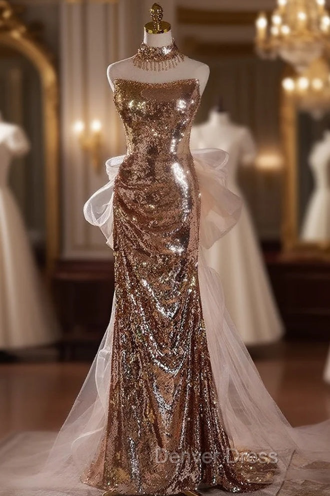 Gold Mermaid Sequins Strapless Pleats Prom Dresses