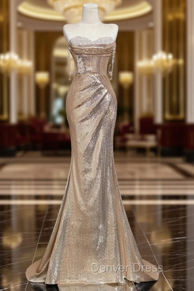 Gold Mermaid Sequins Sweetheart Prom Dresses